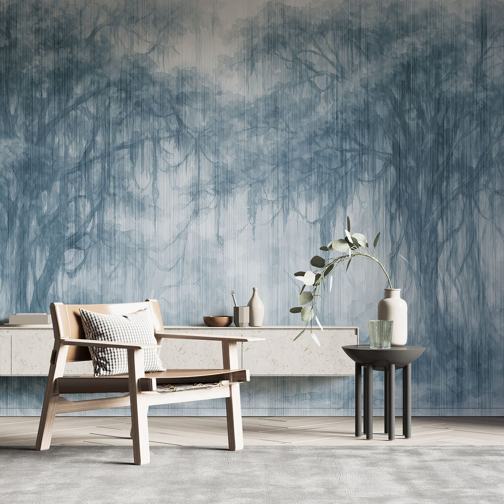 Group of trees in a foggy forest