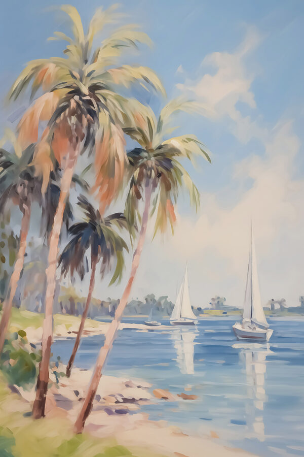 Schilderij van een strand met palmbomen en boten Schilderij van een strand met palmbomen en boten