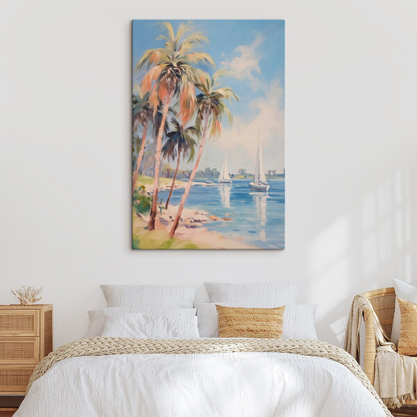 Schilderij van een strand met palmbomen en boten Schilderij van een strand met palmbomen en boten