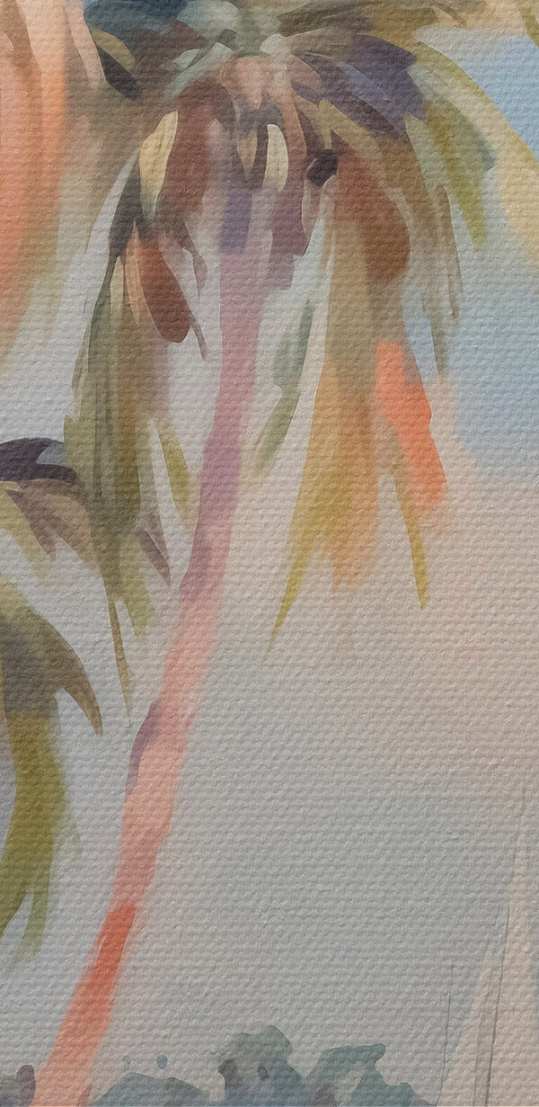 Schilderij van een strand met palmbomen en boten Schilderij van een strand met palmbomen en boten