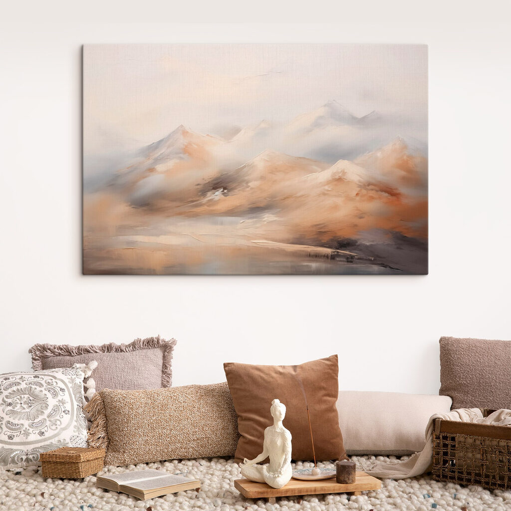 Painting of mountains and fog