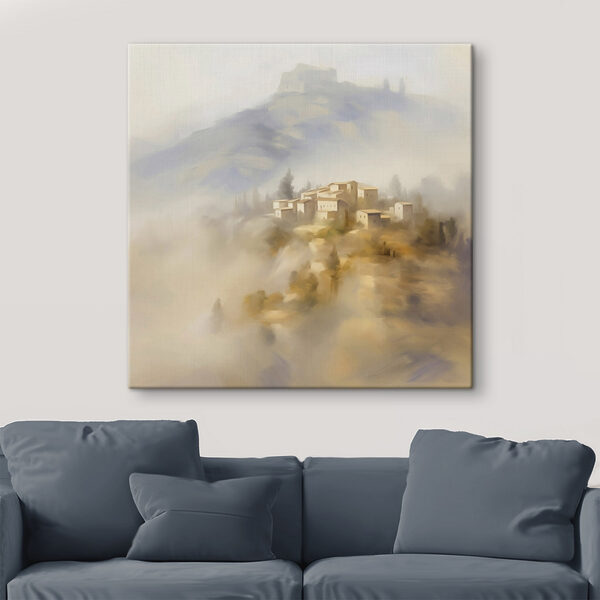 Schilderij van een dorp op een heuvel Schilderij van een dorp op een heuvel