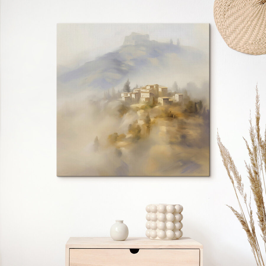Schilderij van een dorp op een heuvel Schilderij van een dorp op een heuvel