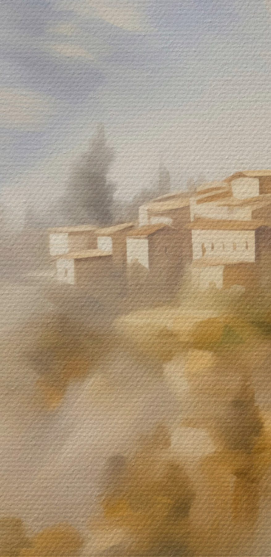 Schilderij van een dorp op een heuvel Schilderij van een dorp op een heuvel