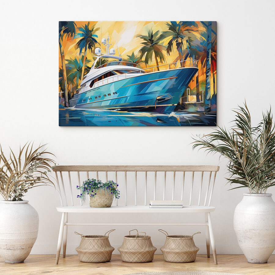 Blauwe boot in water met palmbomen
