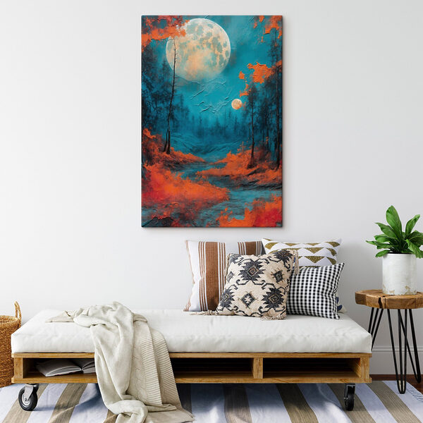 Painting of a forest with orange leaves and a full moon