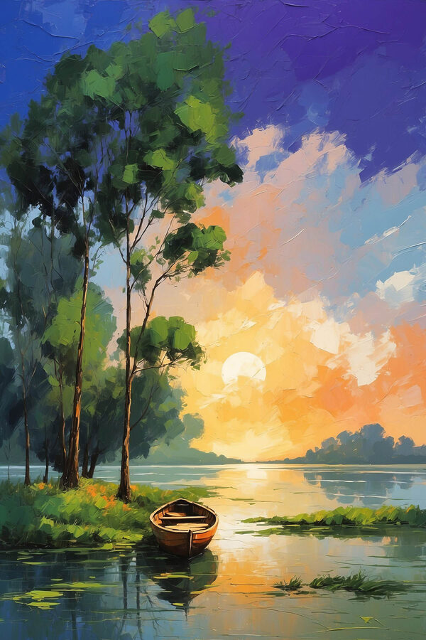 Schilderij van een boot op een meer Schilderij van een boot op een meer