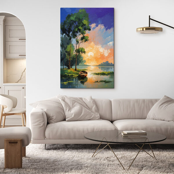 Schilderij van een boot op een meer Schilderij van een boot op een meer