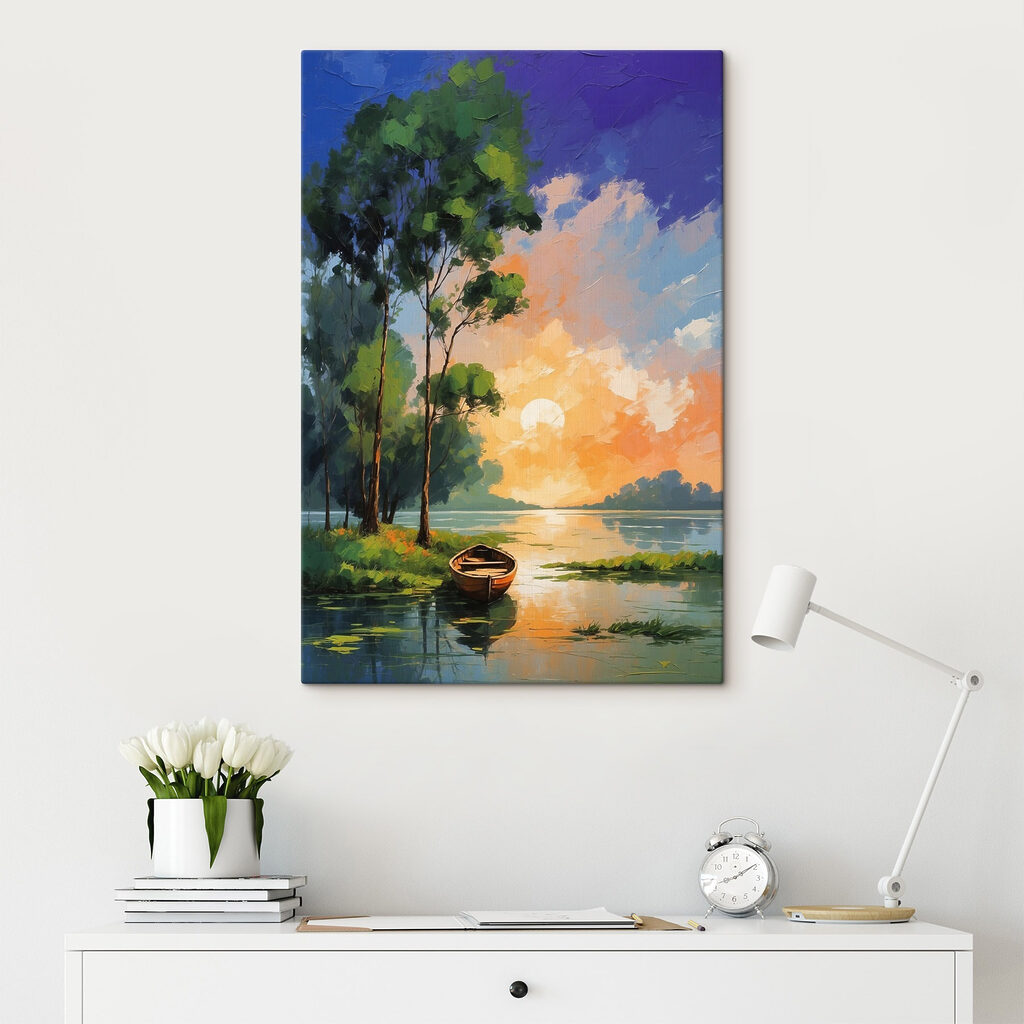 Painting of a boat on a lake