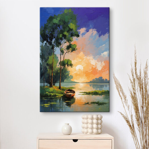 Schilderij van een boot op een meer Schilderij van een boot op een meer