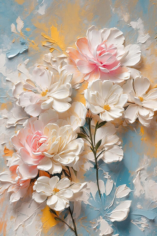 Schilderij van bloemen op een blauwe en gele achtergrond Schilderij van bloemen op een blauwe en gele achtergrond