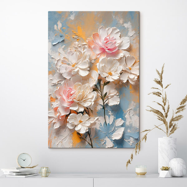 Schilderij van bloemen op een blauwe en gele achtergrond Schilderij van bloemen op een blauwe en gele achtergrond