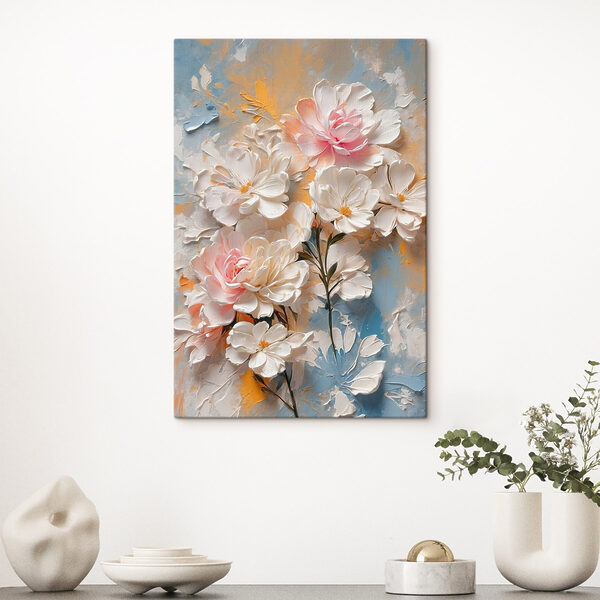 Schilderij van bloemen op een blauwe en gele achtergrond Schilderij van bloemen op een blauwe en gele achtergrond