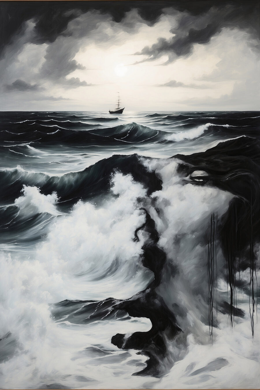 Schilderij van een schip in de oceaan