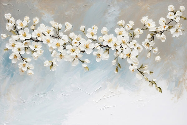 Schilderij van witte bloemen op een tak Schilderij van witte bloemen op een tak
