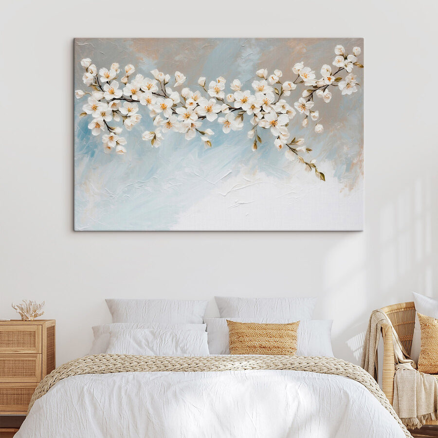 Schilderij van witte bloemen op een tak