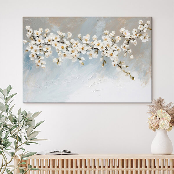 Schilderij van witte bloemen op een tak Schilderij van witte bloemen op een tak