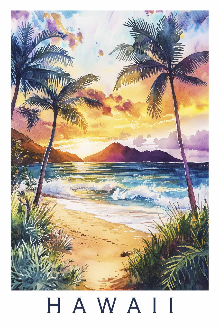 Aquarel van een strand met palmbomen en golven Aquarel van een strand met palmbomen en golven