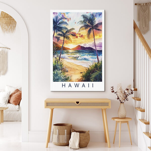 Aquarel van een strand met palmbomen en golven Aquarel van een strand met palmbomen en golven