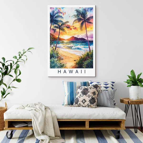 Aquarel van een strand met palmbomen en golven Aquarel van een strand met palmbomen en golven