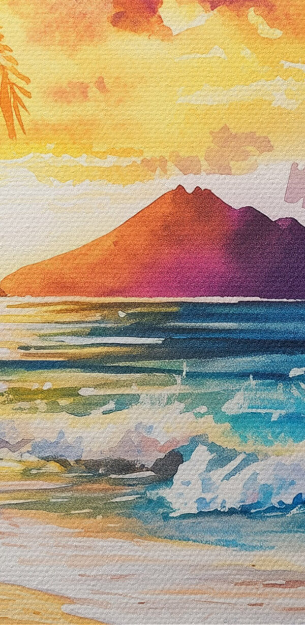 Aquarel van een strand met palmbomen en golven Aquarel van een strand met palmbomen en golven