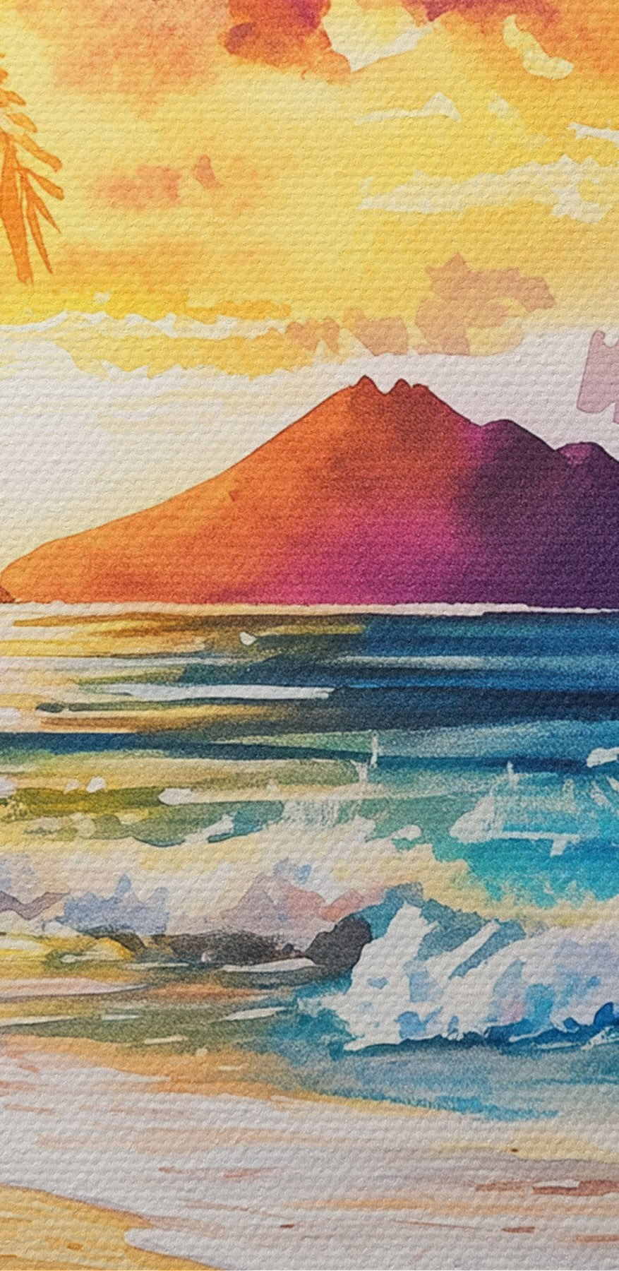 Aquarel van een strand met palmbomen en golven Aquarel van een strand met palmbomen en golven