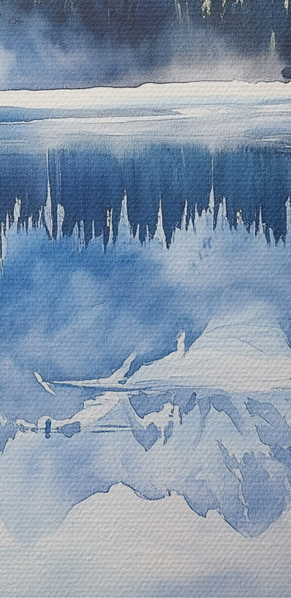 Aquarel van een meer met bomen en bergen op de achtergrond Aquarel van een meer met bomen en bergen op de achtergrond