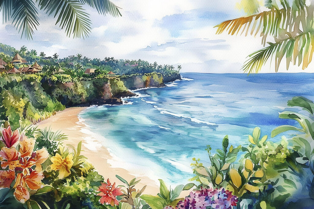 Watercolor painting of a beach and ocean
