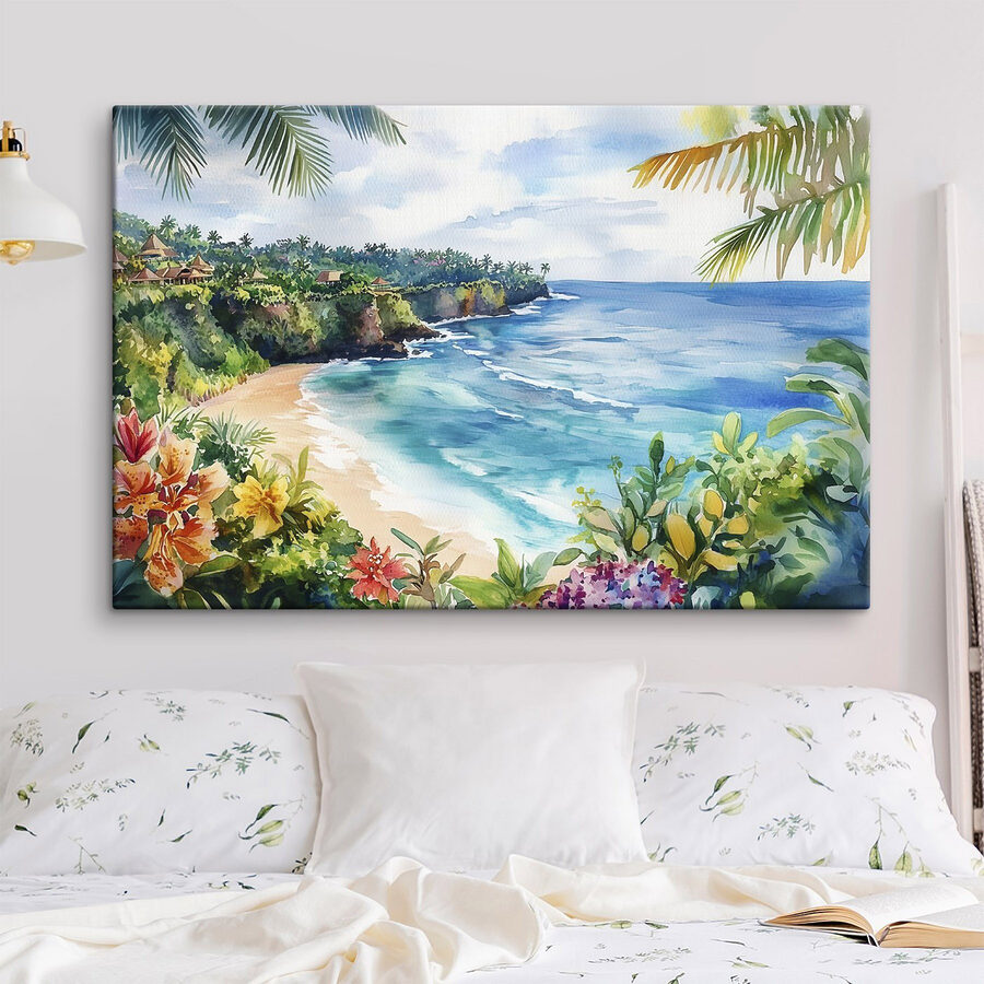 Aquarel van een strand en oceaan