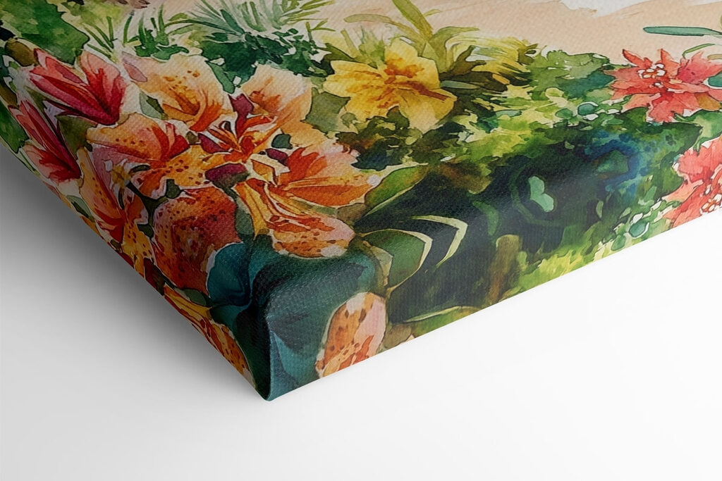 Watercolor painting of a beach and ocean