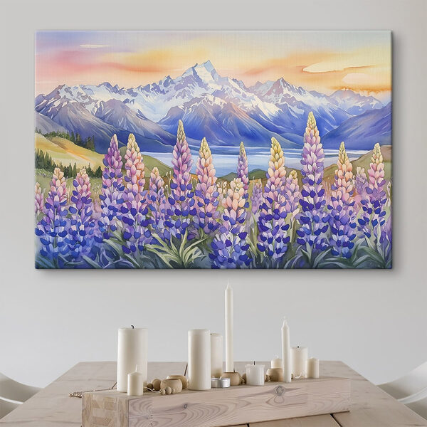 Schilderij van bloemen en bergen Schilderij van bloemen en bergen