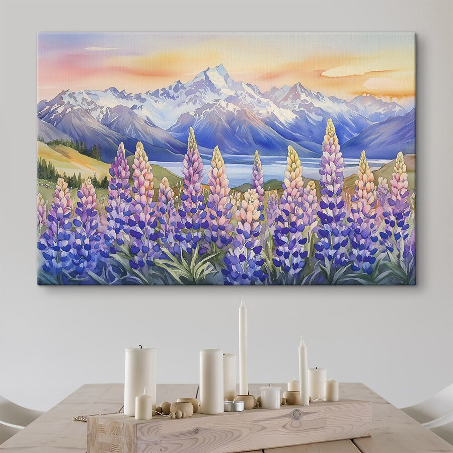 Schilderij van bloemen en bergen