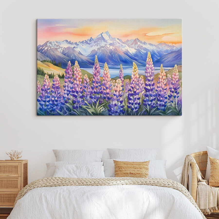Schilderij van bloemen en bergen
