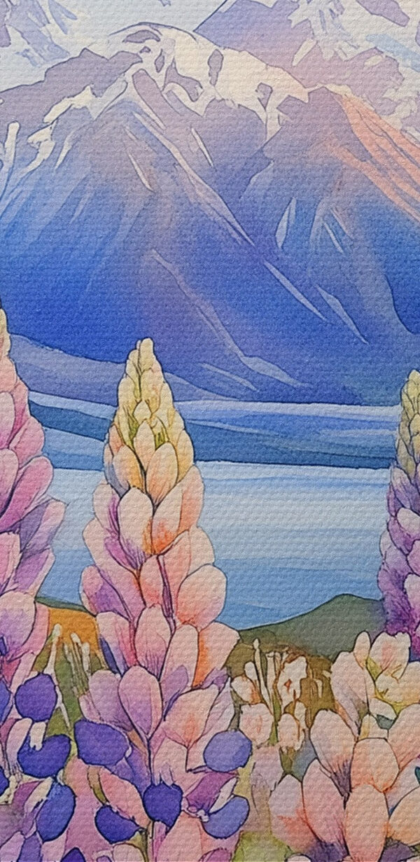 Schilderij van bloemen en bergen Schilderij van bloemen en bergen