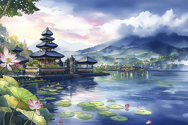 Aquarelverfschilderij van een meer met een pagode en leliebladzijden Aquarelverfschilderij van een meer met een pagode en leliebladzijden