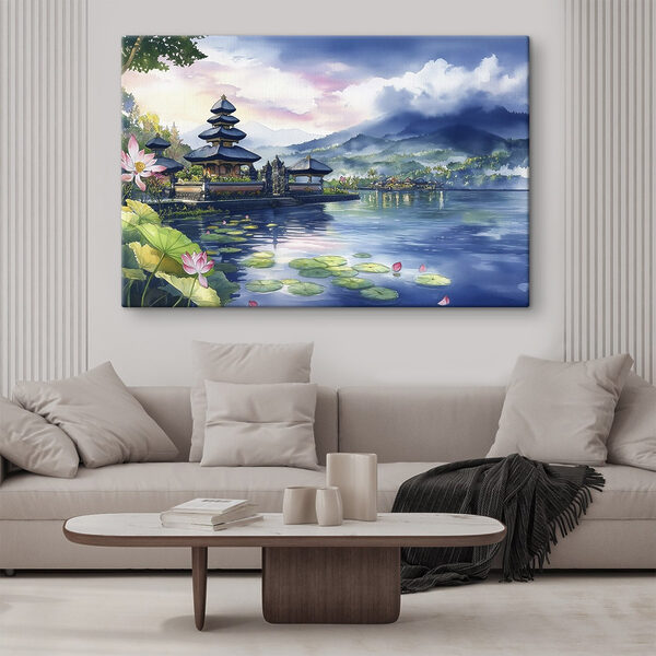 Aquarelverfschilderij van een meer met een pagode en leliebladzijden Aquarelverfschilderij van een meer met een pagode en leliebladzijden