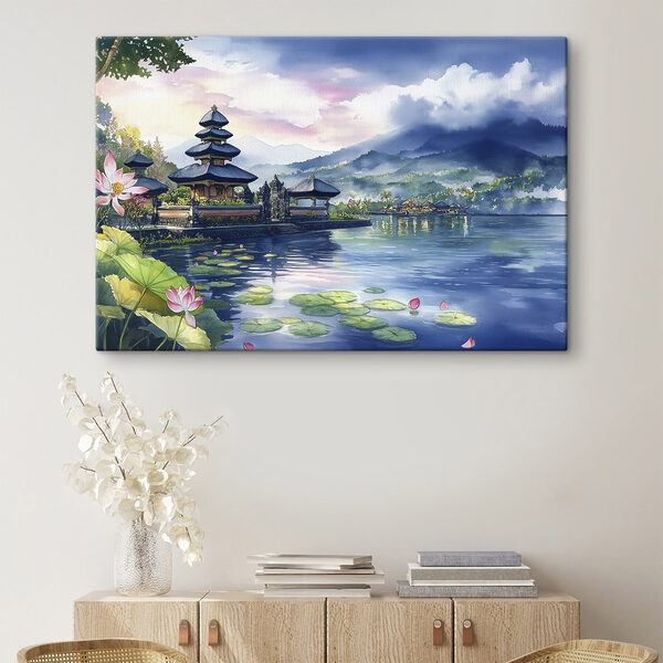 Aquarelverfschilderij van een meer met een pagode en leliebladzijden Aquarelverfschilderij van een meer met een pagode en leliebladzijden