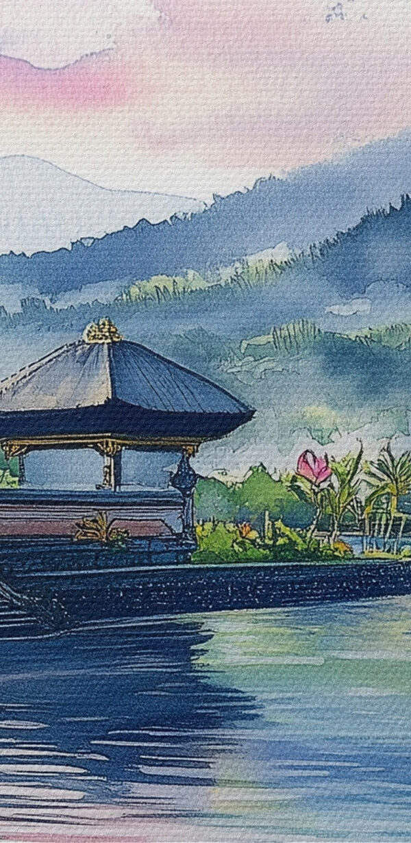 Aquarelverfschilderij van een meer met een pagode en leliebladzijden Aquarelverfschilderij van een meer met een pagode en leliebladzijden