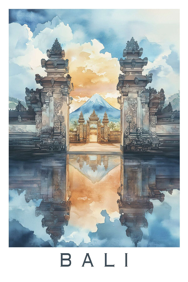 Aquarel van een tempel met een berg op de achtergrond Aquarel van een tempel met een berg op de achtergrond