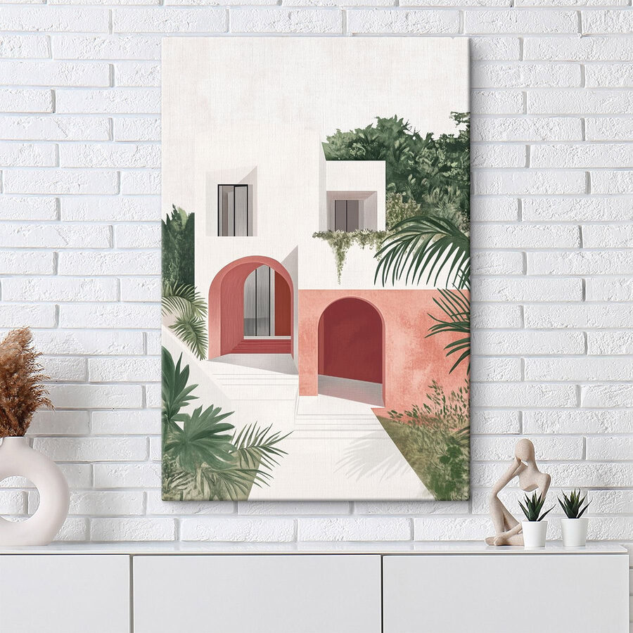 Wit en roze huis met bomen