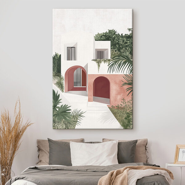 Wit en roze huis met bomen Wit en roze huis met bomen