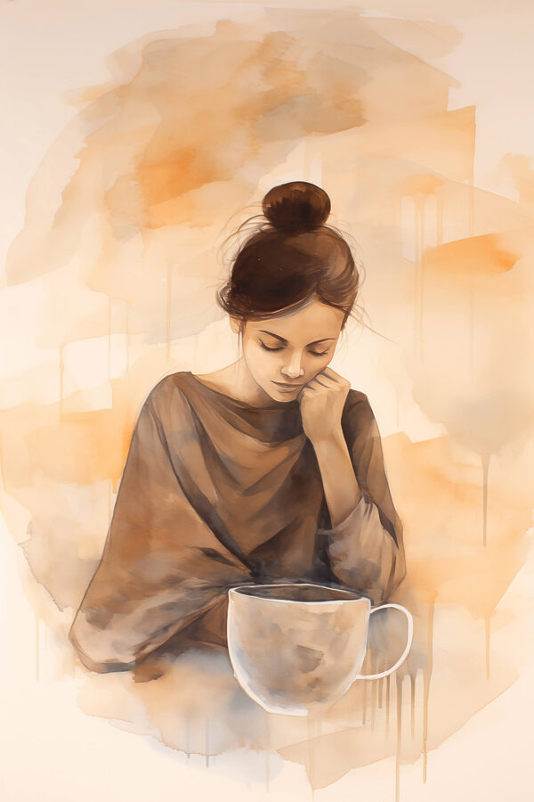 Vrouw met haar hand op haar gezicht kijkt neer op een kop koffie Vrouw met haar hand op haar gezicht kijkt neer op een kop koffie