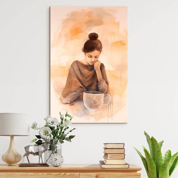 Vrouw met haar hand op haar gezicht kijkt neer op een kop koffie Vrouw met haar hand op haar gezicht kijkt neer op een kop koffie