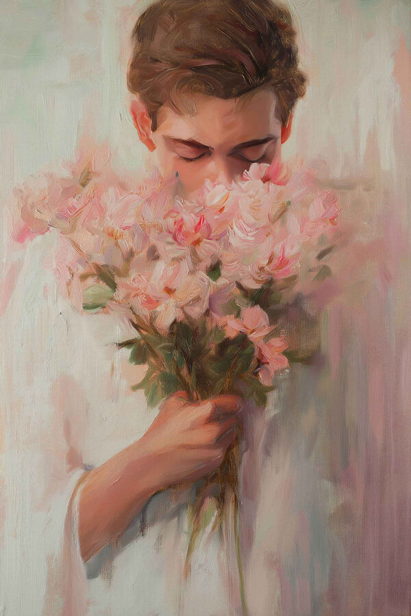 Schilderij van een man die bloemen ruikt Schilderij van een man die bloemen ruikt