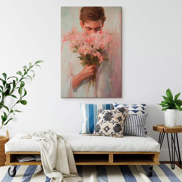 Schilderij van een man die bloemen ruikt Schilderij van een man die bloemen ruikt
