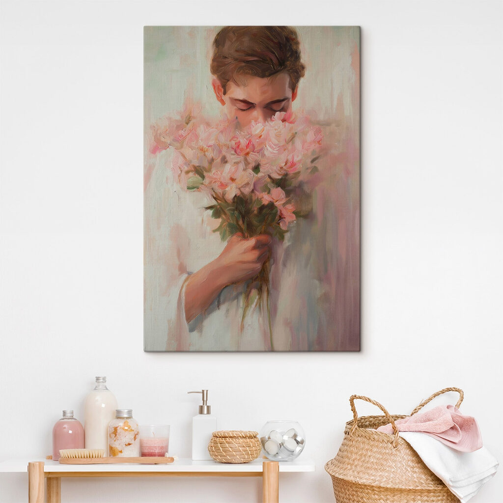 Painting of a man smelling flowers