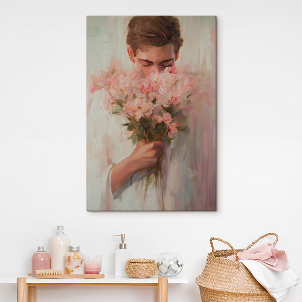 Schilderij van een man die bloemen ruikt Schilderij van een man die bloemen ruikt