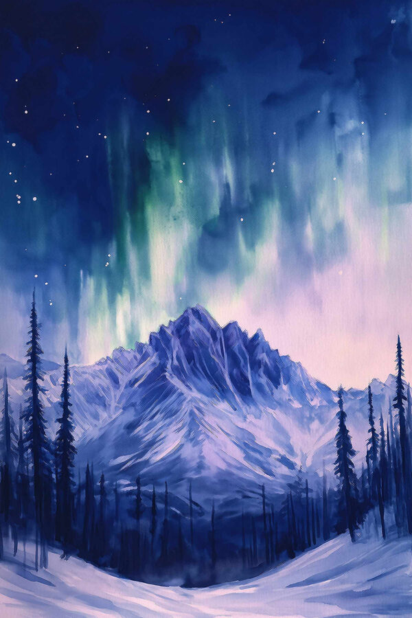 Schilderij van een berg met bomen en aurora borealis Schilderij van een berg met bomen en aurora borealis