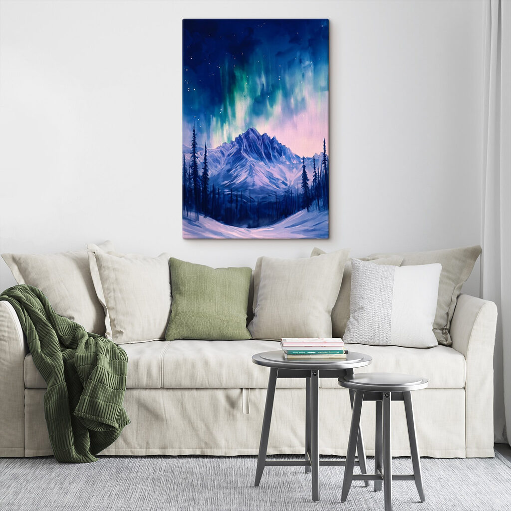Painting of a mountain with trees and aurora borealis