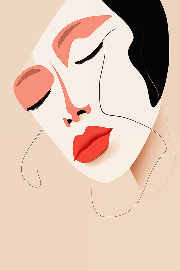 Vrouw met rode lippen en zwarte vlekken op haar gezicht Vrouw met rode lippen en zwarte vlekken op haar gezicht